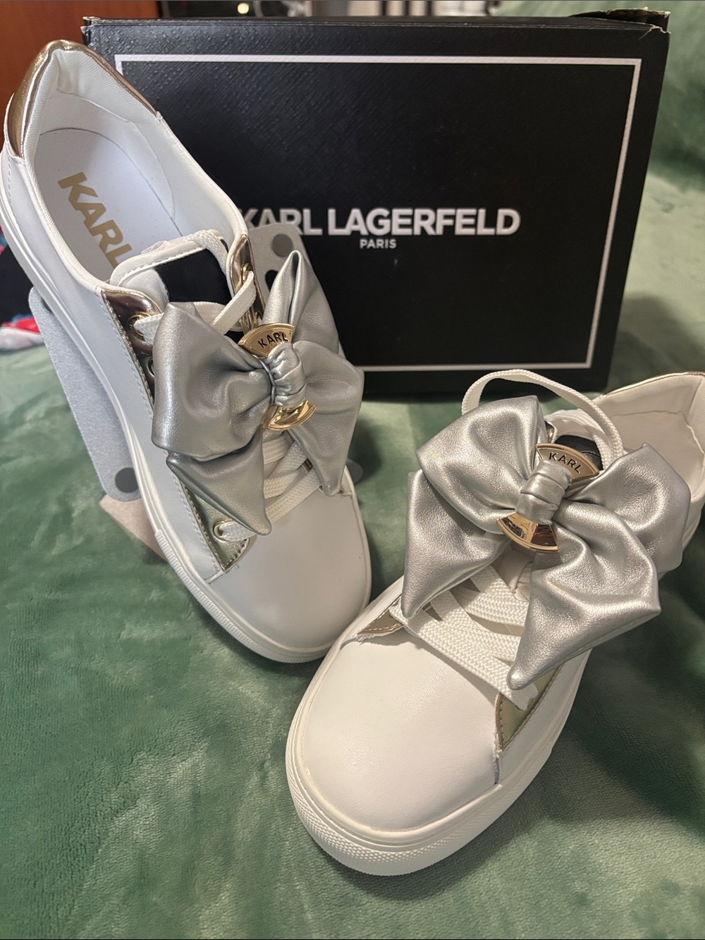 Karl Lagerfeld White Sneakers with Silver Bow Detail